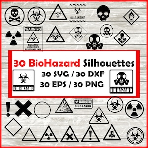 Puede incluir: Un conjunto de 30 siluetas de biohazard en blanco y negro. Las siluetas incluyen varios símbolos, como calaveras y huesos cruzados, señales de radiación, máscaras de gas y símbolos de biohazard. El texto "30 BioHazard Silhouettes", "30 SVG/30 DXF", "30 EPS/30 PNG", "BIOHAZARD", "DANGER BIOHAZARD" está incluido en la imagen.