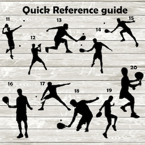 May include: A numbered guide showing 10 different silhouettes of people playing paddle tennis. The silhouettes are black against a wood grain background.