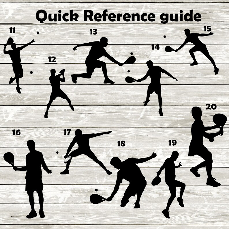 May include: A numbered guide showing 10 different silhouettes of people playing paddle tennis. The silhouettes are black against a wood grain background.