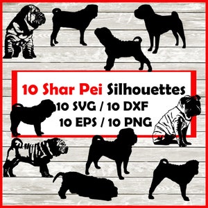 Shar Pei Hund Silhouette Pack - 10 Designs | Digitaler Download | 10 schwarze Png , SVG , DXF , EPS Shar-Pei