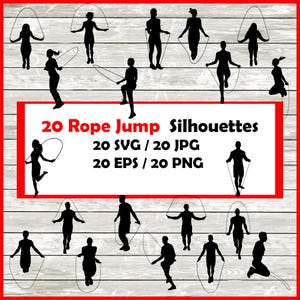 Paquete de siluetas de saltos de cuerda: 20 diseños de saltos de cuerda Descarga digital / 20 PNG, SVG, JPG, EPS. Saltar a la cuerda Saltar a la cuerda - fitness svg