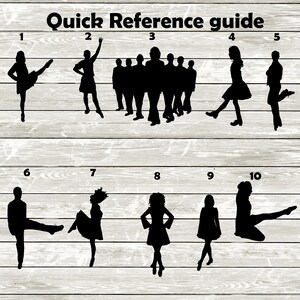 May include: Quick reference guide with ten black silhouette images of Irish dancers in various poses. The images are numbered 1 through 10.
