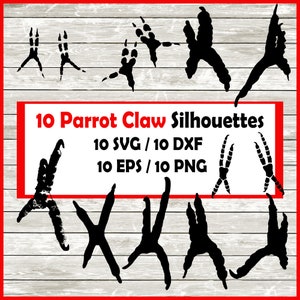 Papegaaiklauw silhouetpakket - 10 ontwerpen | Digitale download | Papegaaiensvg, papegaaienpng, papegaaieneps, gesneden papegaai, voetafdruk papegaai
