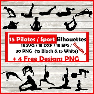 Pilates fitness Silhouette Bundle 1 | Digital Download |  Fitness Pilates SVG, PNG, EPS, Png Black& White free 4 Pilates designs