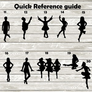 May include: A quick reference guide with 10 black and white silhouette images of dancers in various poses. The images are numbered 11 through 20.
