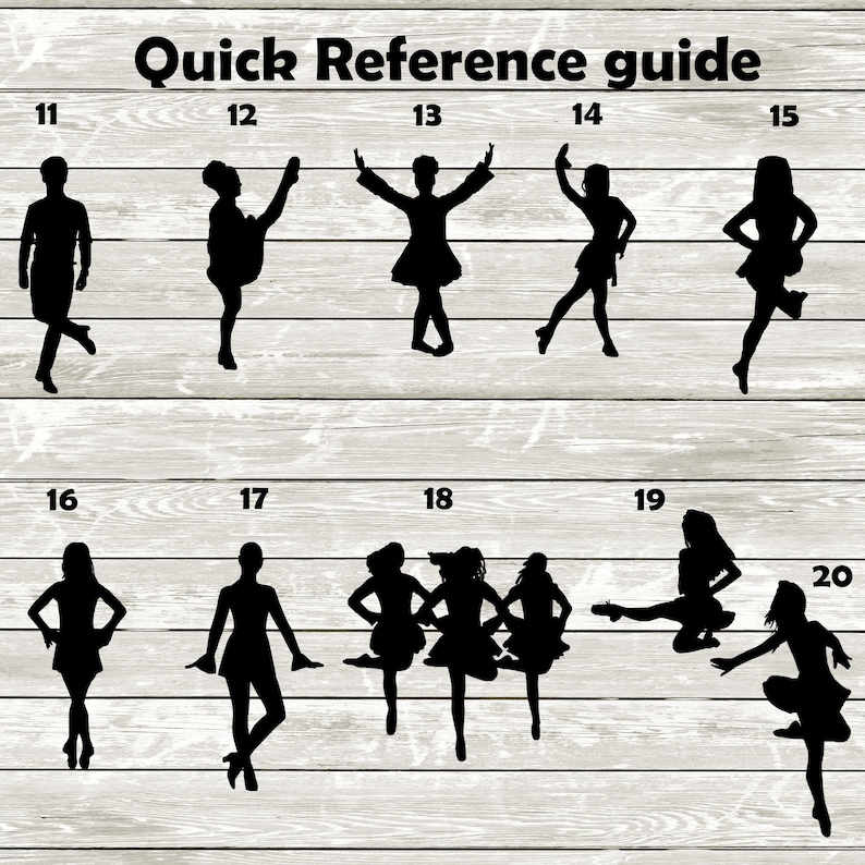 May include: A quick reference guide with 10 black and white silhouette images of dancers in various poses. The images are numbered 11 through 20.