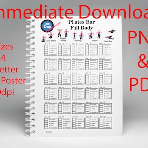 Może przedstawiać: Drukowany plan ćwiczeń Pilates Bar z 30 dniami ćwiczeń. Plan zawiera ćwiczenia dla ramion, nóg, wiosłowania, przysiadów i dead bugów. Plan jest dostępny w trzech rozmiarach: A4, US Letter i plakat 18x24. Plan ma rozdzielczość 300 dpi.