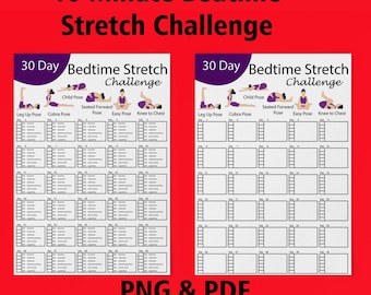 30 Tage Bedtime Stretch Challenge | 10 min Dehnung | Schlafenszeit-Routine-Planer | Besser schlafen | PDF & PNG | A4 und US Letter druckbar