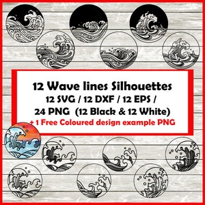 Wave line art design bundle - 12 Digital Downloads for Cricut & Silhouette, svg png eps dxf Files, Ocean Wave Cut Files