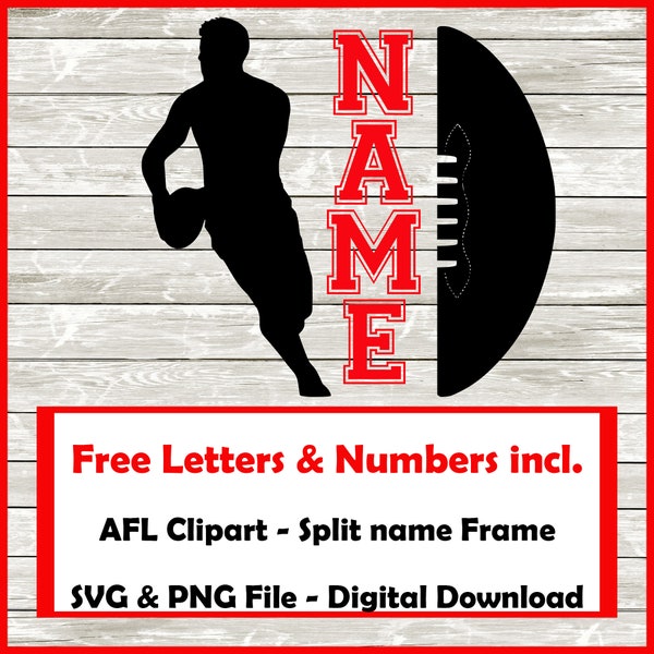 Australian Football League - AFL Clipart: Black Split Name Frame ball and silhouette- Digital Download svg png - Free Letters and Numbers