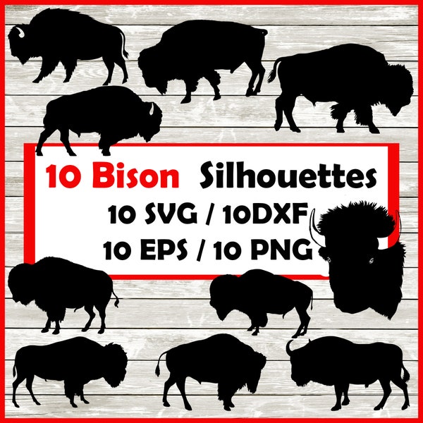 Bison Silhouette Pack - 10 Designs | Digital Download | 10 Png , SVG , DXF , EPS cutfile immediate download bison or Buffalo silhouette