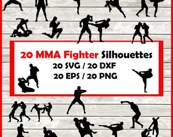 Może przedstawiać: 20 czarno-białych sylwetkowych obrazów mieszanych zawodników sztuk walki w różnych pozach walki. Tekst "20 MMA Fighter Silhouettes" znajduje się w górnej części obrazu. Pod tekstem znajduje się "20 SVG / 20 DXF" i "20 EPS / 20 PNG".