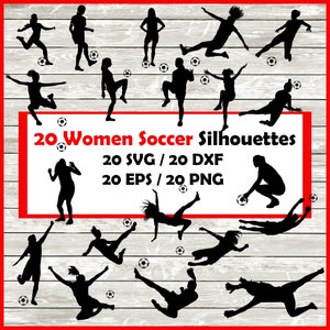 Paquete de siluetas de mujeres de fútbol - 20 diseños / Descarga digital / 20 PNG, SVG, DXF, EPS descarga inmediata fútbol femenino