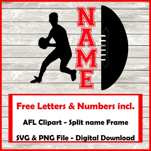 Australian Football League - AFL Clipart: Black Split Name Frame ball and silhouette- Digital Download svg png - Free Letters and Numbers