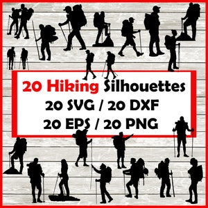 Op de afbeelding: Een verzameling van 20 zwarte wandel-silhouetten met rugzakken en wandelstokken in diverse houdingen. De tekst 20 Hiking Silhouettes, 20 SVG / 20 DXF en 20 EPS / 20 PNG staat in het midden op een witte achtergrond.
