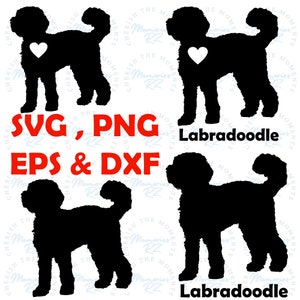 Labradoodle Silhouette Designs | Digitaler Download | Png , SVG , DXF , EPS Schnittdatei Labradoodle Hund mit Text und Herz Design