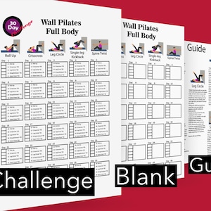 Może przedstawiać: Drukowalne 30-dniowe wyzwanie pilatesu przy ścianie z pustą tabelą i przewodnikiem z ilustracjami ćwiczeń. Ćwiczenia obejmują roll up, crisscross, krążenie nóg, kopnięcie jedną nogą i skręt kręgosłupa.