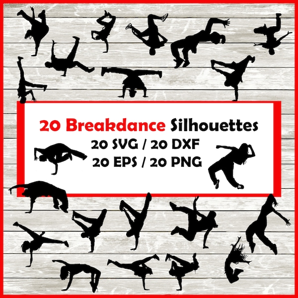 Breakdance Silhouette Pack - 20 Designs | Digital Download | 20 Png ,SVG , DXF , EPS cutfile immediate download - Breakdancing B-boy B-girl