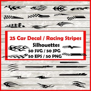 Pacchetto Silhouette con strisce da corsa per auto - 25 disegni per sinistra e destra - Download digitale / 50 PNG, SVG, JPG, EPS. Design per adesivi per auto