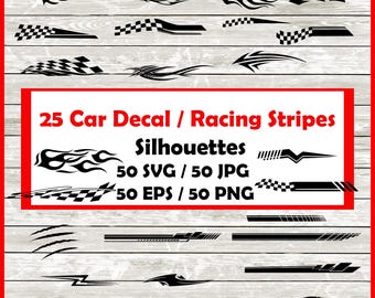 Car Racing stripes Silhouette Pack - 25  Designs in left and right Digital Download |50 Png , SVG , JPG , EPS. Car decal design
