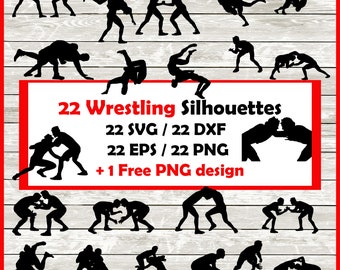 Pack de silhouettes de catch - 22 modèles de catcheurs en téléchargement numérique | 20 Png, SVG, DXF, EPS.  Fichier de coupe catcheur + 1 modèle png gratuit