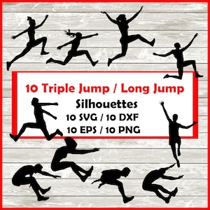 Long Jump / Triple Jump Silhouette Pack - 10 jump Designs Digital Download | 10 Png , SVG , DXF , EPS.  Track and Field silhouette