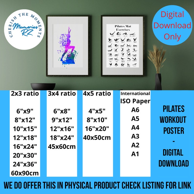 May include: Two framed Pilates-themed art prints. One features a watercolor silhouette of a person in a yoga pose, the other a black and white Pilates exercise chart. Includes size options in inches and a digital download notice.