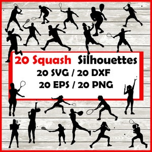 Squash Silhouette Pack - 20 Squash player Designs Digital Download |20 Png , SVG , DXF , EPS.  women squash , men squash