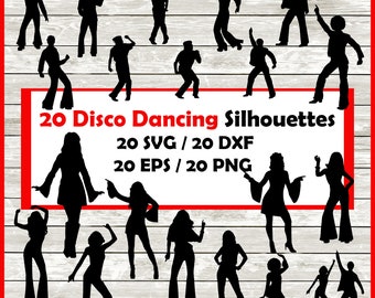 Disco Silhouette Pack - 20 disco dancing Designs Digital Download |20 Png , SVG , DXF ,EPS. Disco dancing poses ideal clipart or cake topper