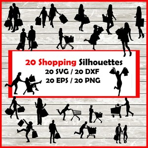 Winkelsilhouetpakket - 20 ontwerpen | Digitale download | 20 Png, SVG, DXF, EPS onmiddellijke download - Vrouwen shopper, boodschappen doen