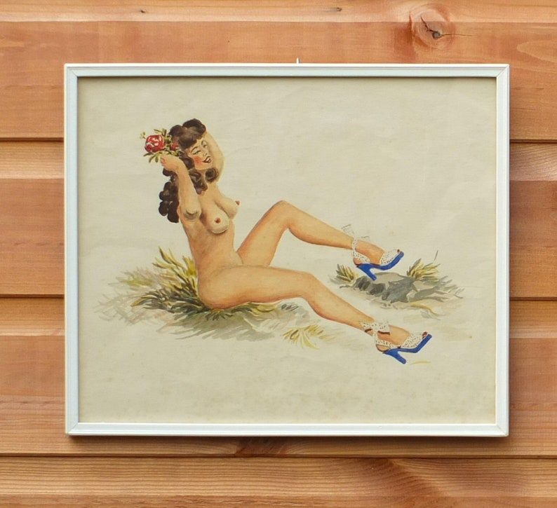 Two Vintage Framed Watercolours of Nude Pin-Up Style Girls image 2