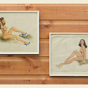 Two Vintage Framed Watercolours of Nude Pin-Up Style Girls image 1