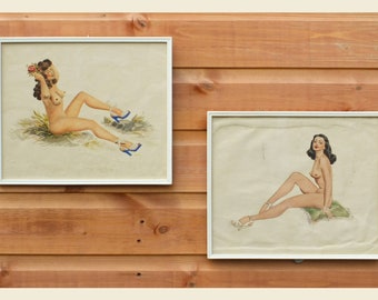 Two Vintage Framed Watercolours of Nude Pin-Up Style Girls