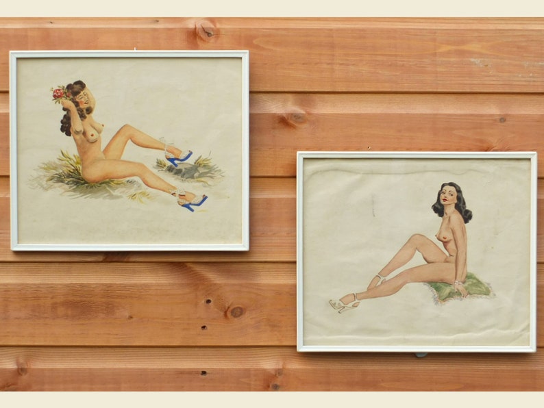 Two Vintage Framed Watercolours of Nude Pin-Up Style Girls image 1