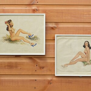 Two Vintage Framed Watercolours of Nude Pin-Up Style Girls image 5