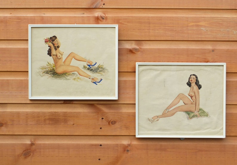 Two Vintage Framed Watercolours of Nude Pin-Up Style Girls image 5