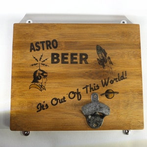 Mid Century sci-fi Style Hand Printed Beer Sign With Bottle Opener image 1