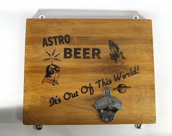 Mid Century sci-fi Style Hand Printed Beer Sign With Bottle Opener