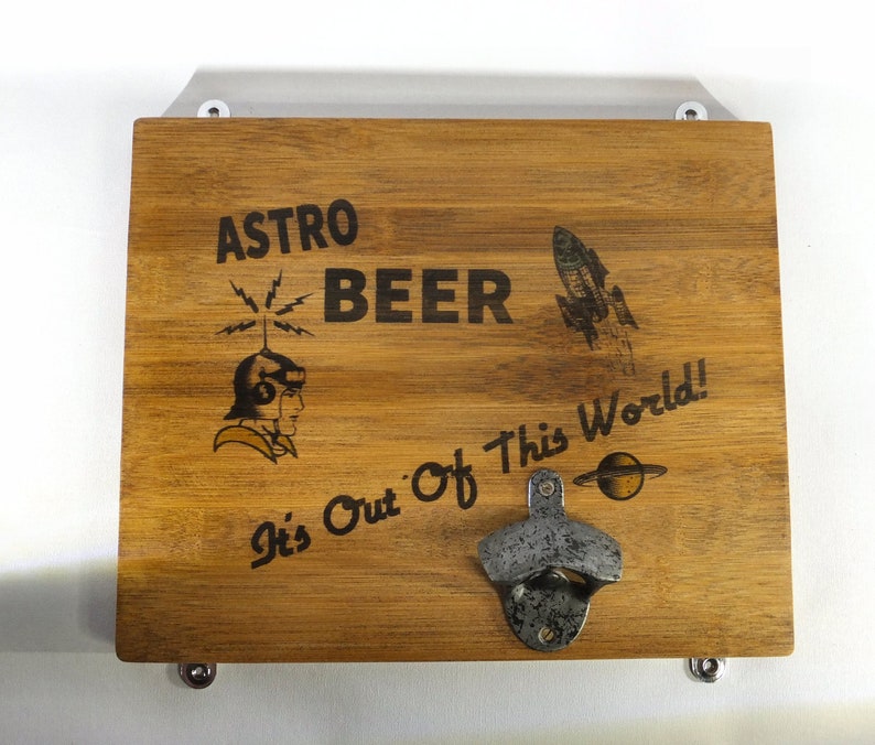 Mid Century sci-fi Style Hand Printed Beer Sign With Bottle Opener image 1