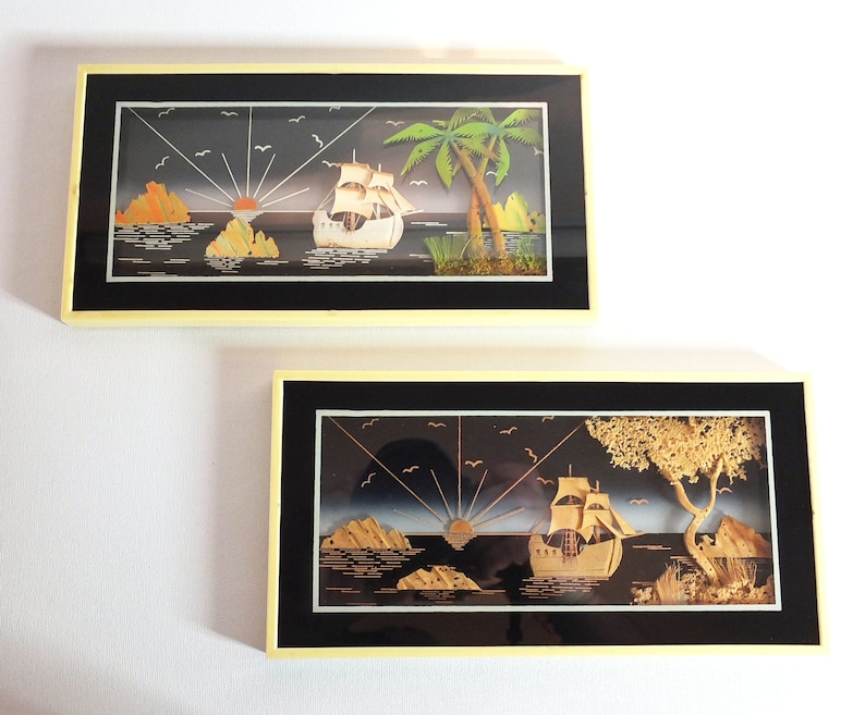 Two Small Mid Century Chinese Framed Cork Dioramas image 1