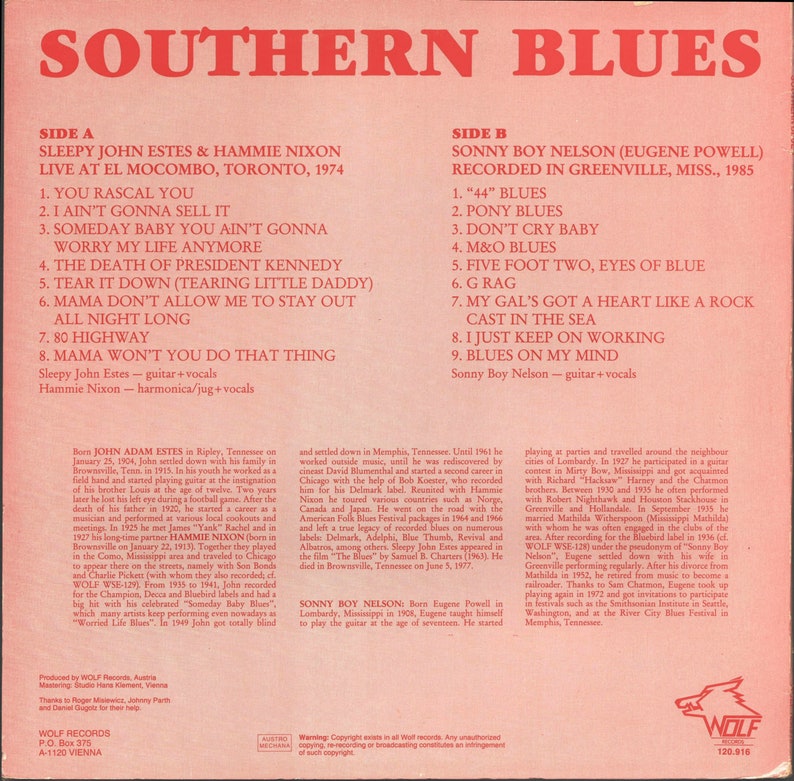 Sleepy John Estes & Hammie Nixon / Sonny Boy williamson Southern Blues Recorded Live 33rpm Vinyl LP image 2