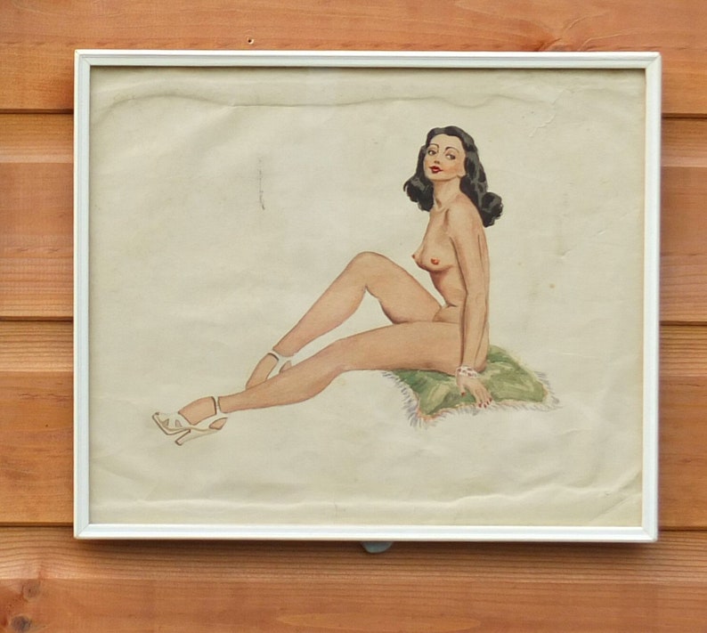 Two Vintage Framed Watercolours of Nude Pin-Up Style Girls image 3