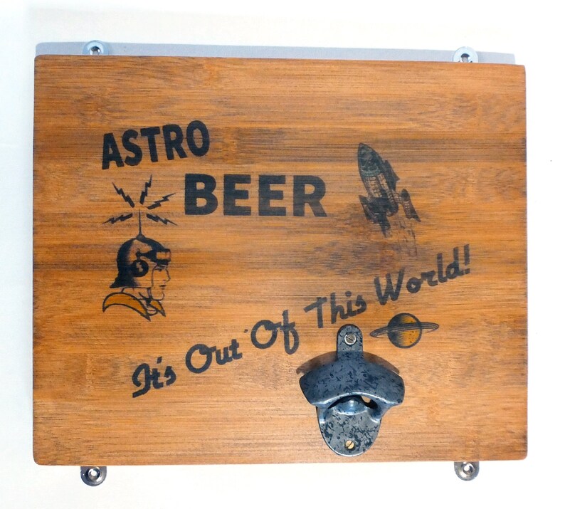 Mid Century sci-fi Style Hand Printed Beer Sign With Bottle Opener image 3