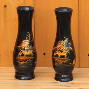 Two Vintage Oriental Lacquered Wood Vases image 1