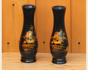 Two Vintage Oriental Lacquered Wood Vases