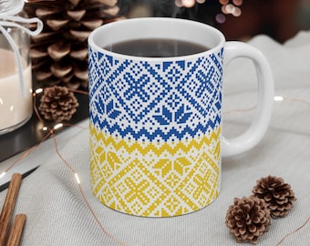 Ukraine Flag Colours Flowers Theme Tea Mug, Gift for Ukrainian, Coffee Cup for Colleague or Friend, Patriotic Birthday Gift for Dad or Mum
