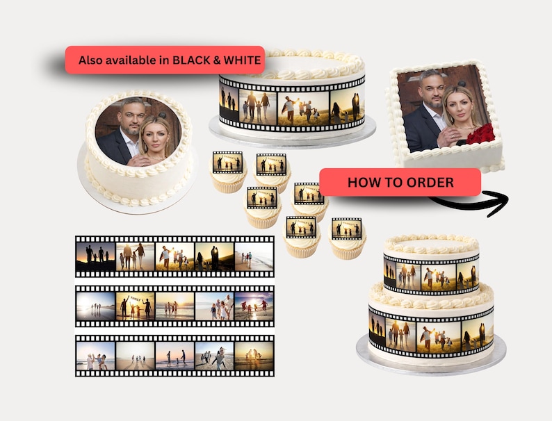 Kamerafilmrulle Ätbar glasyr Tårtdekoration Personlig med dina egna bilder Bandkant Födelsedag Skräddarsydd Jubileumsfirande bild 1