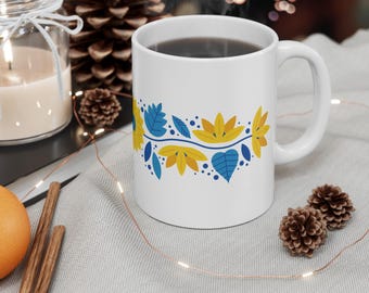 Ukraine Flag Colours Flowers Theme Tea Mug, Gift for Ukrainian, Coffee Cup for Colleague or Friend, Patriotic Birthday Gift for Dad or Mum