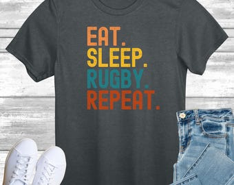 Retro Style Eat Sleep Rugby Repeat T-Shirt, Vintage Sunset Rugby Fan Top, Distressed Ball Game Shirt, Tee for Sport Lover, Gift for Dad, Son
