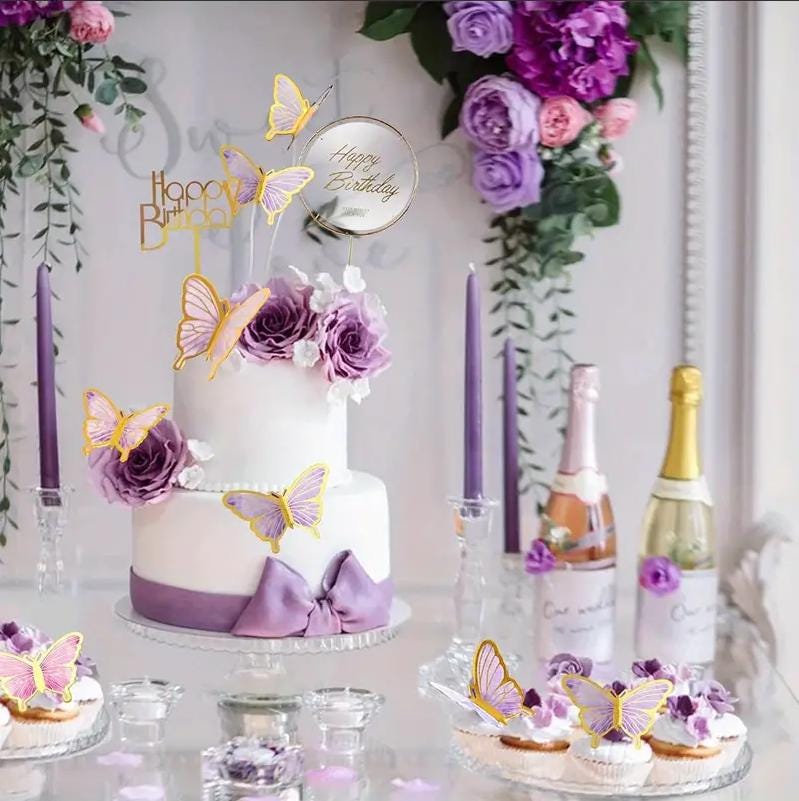 40 decorazioni per torte, decorazione per cupcake 3D, con bastoncini di ferro, farfalla, decorazione per torte, compleanni, farfalle, per matrimoni, anniversari, feste, torte, decorazioni rosa